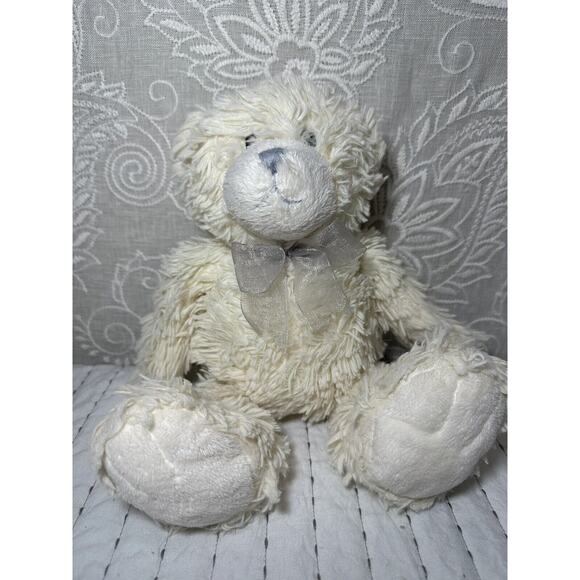 First Impressions Plush Bear Shaggy Cream Gray Silver Bow Macys Teddy 13" - Picture 1 of 4